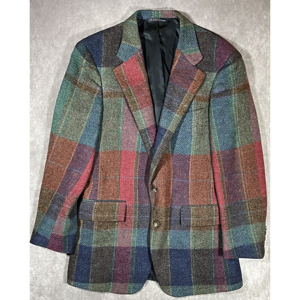 Polo Ralph Lauren Plaid Blazer Mens 38R Tweed University Union Made USA Vintage